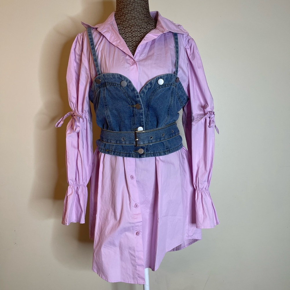 Purple shirt/dress with denim vest
